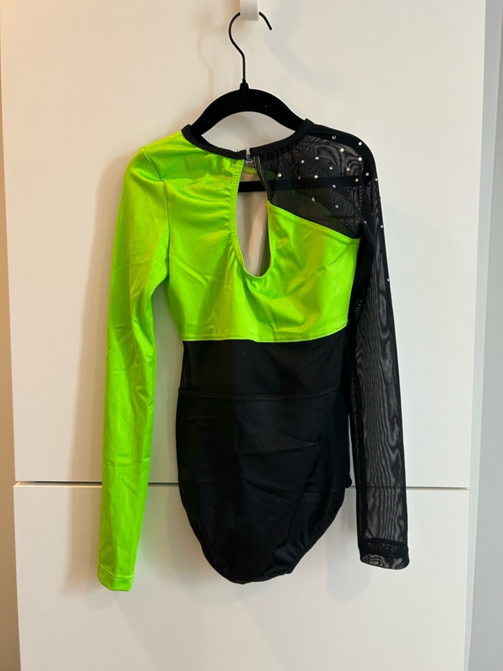 Weissman Neon Green and Black Long Sleeve Leotard with Rhinestones - Picture 5 of 6